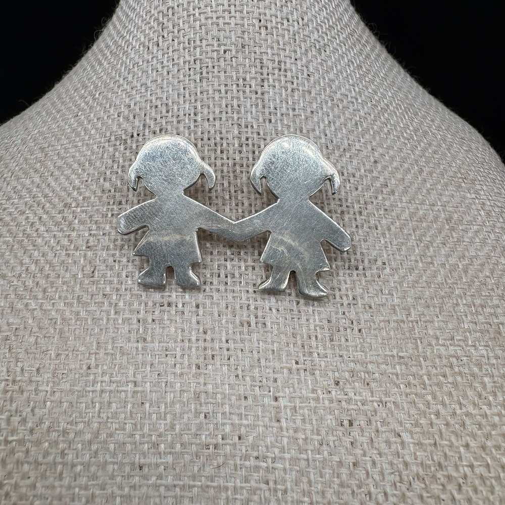 Sterling Silver 925 Mexico Vintage Girls Holding Hands Brooch Pin